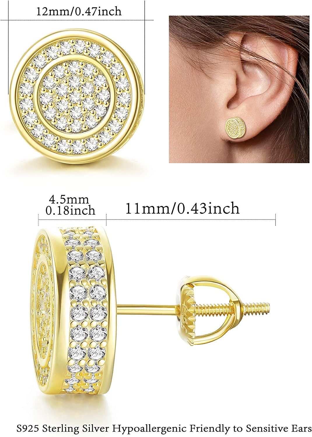 S925 Sterling Iced Out Stud Earrings For Men Women Screw Back Stud Earring 10MM 12MM Round Cubic Zirconia Stud Earrings 18K Gold Plated Micro-pave Ear Studs