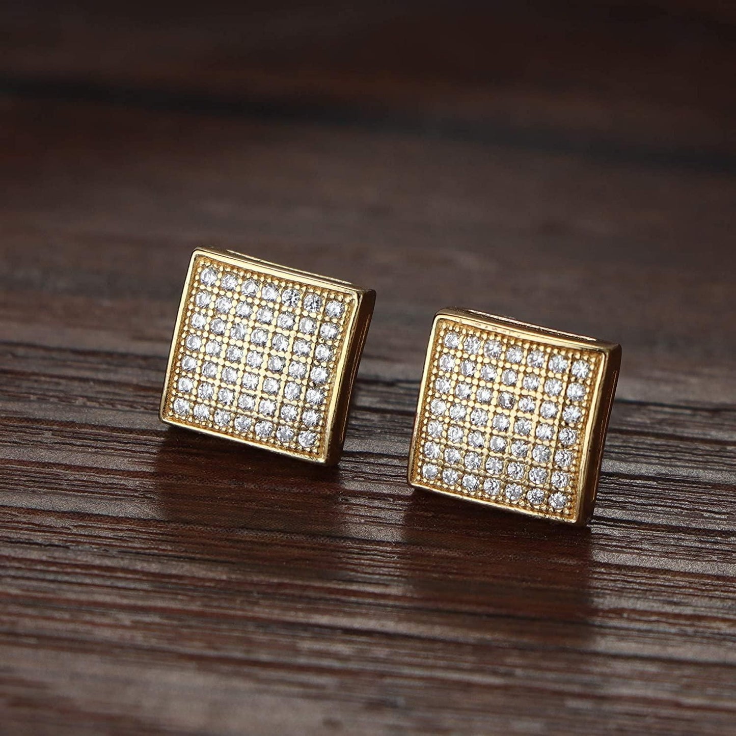 14K Gold Plated Iced Out Large Square Stud Earrings with 925 Sterling Silver Screw Back for Men Women Cubic Zirconia Hip Hop Jewelry