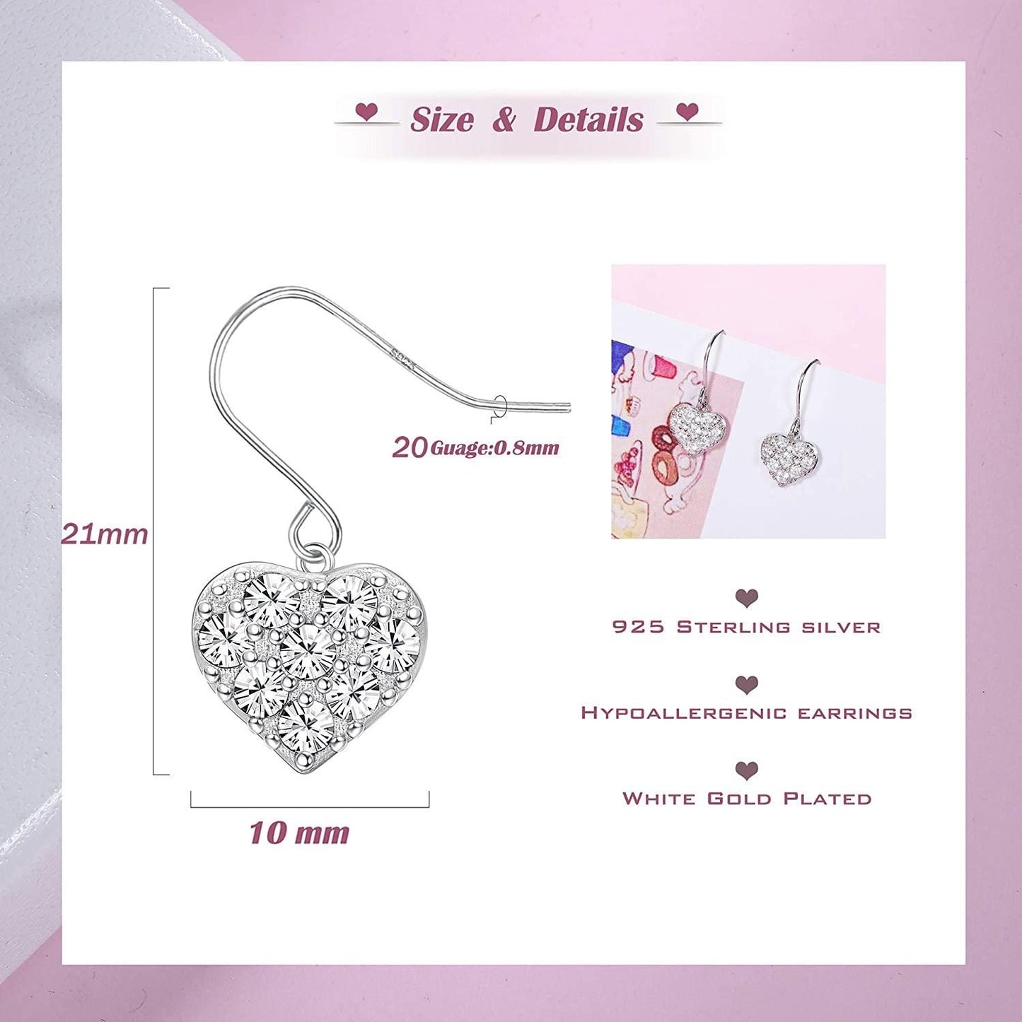 Heart Dangle Earrings 925 Sterling Silver White Gold Plated Hypoallergenic CZ Love Heart Drop Earrings for Women Birthday Gift