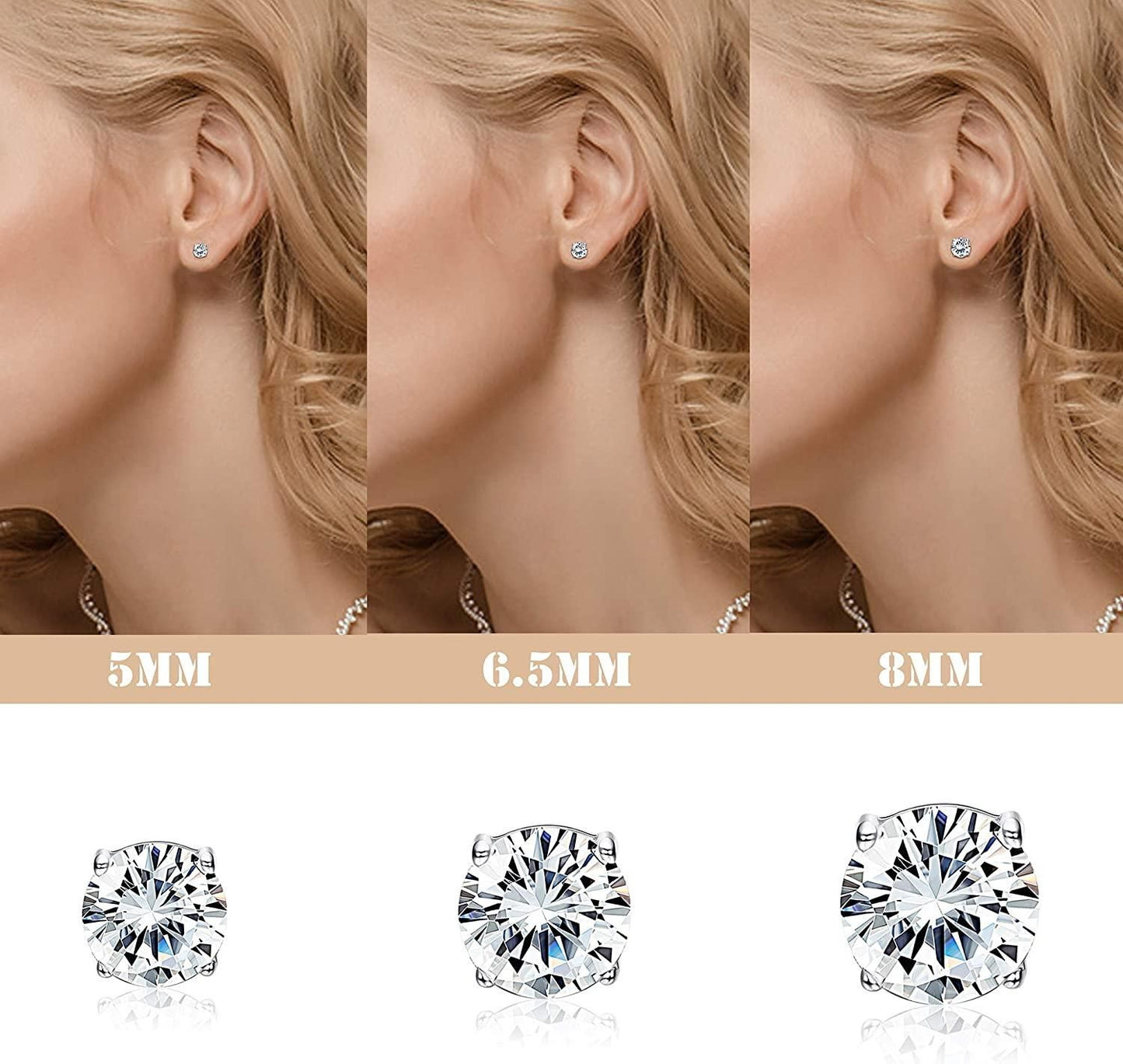 925 Sterling Silver Austria Zirconia Stud Earrings for Women White Studs Love Design Bottom Heart S925 CZ Earrings for Gift(5; 6.5; 8mm)