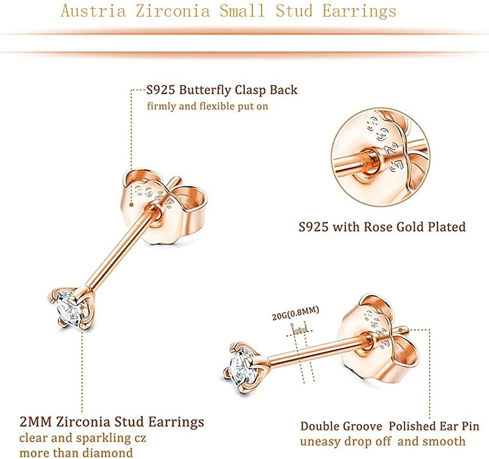 2mm Sterling Silver Austria Zirconia Stud Earrings for Women Men; Platinum/ Gold/ Rose Gold Plated Tiny CZ Studs