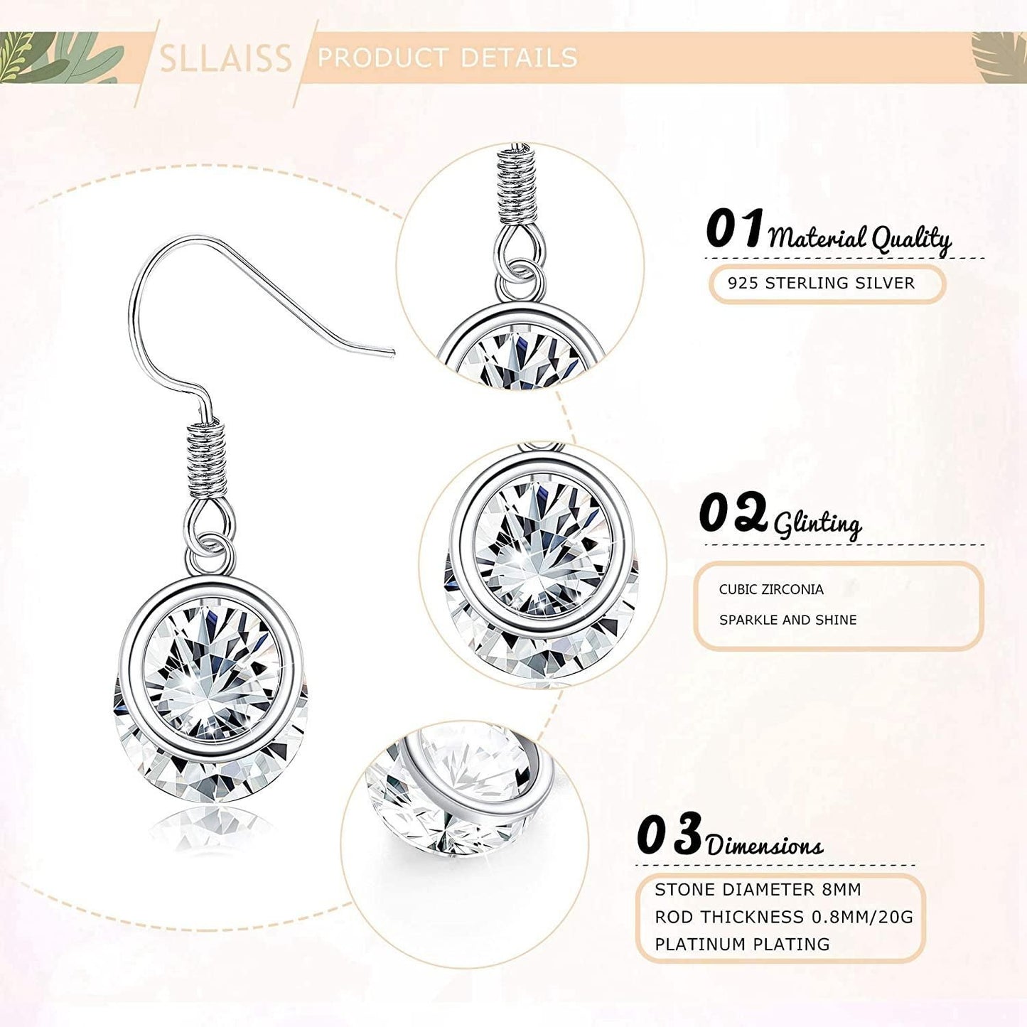 Sterling Silver Minimalist CZ Dangle Earrings For Women White Gold Plated Round Cut 3.0ct Cubic Zirconia Jewelry Dainty Small Drop Dangle Earrings