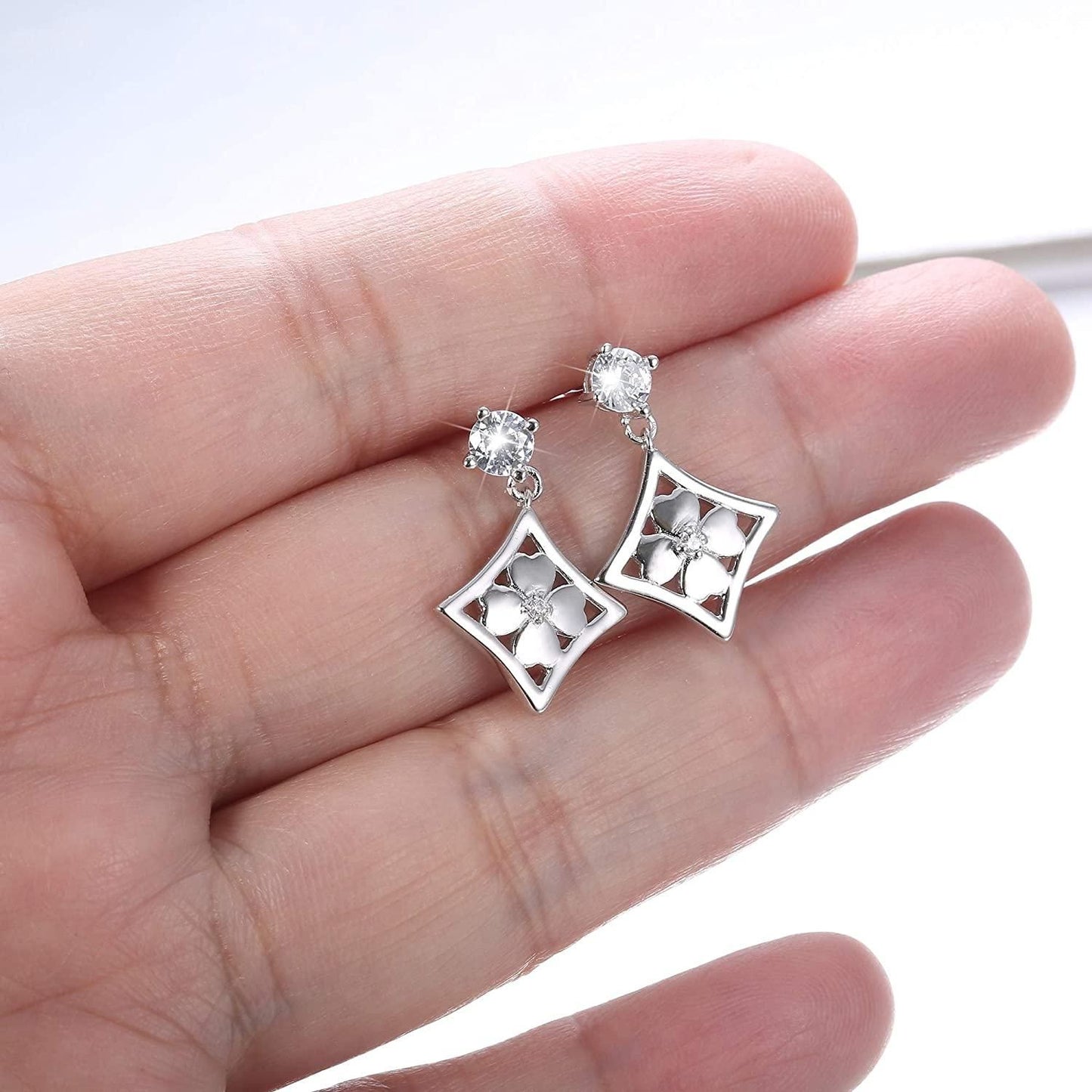 925 Sterling Silver Cubic Zirconia Clover Dangle Earrings Good Luck Rhombus Four Leaf Drop Earrings Jewelry for Women