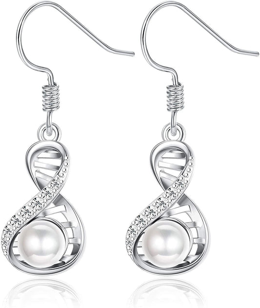 925 Sterling Silver Infinity Dangle Drop Earring for Womens Girls Cubic Zirconia Freshwater Pearl Earring CZ Jewelry Gift With Box