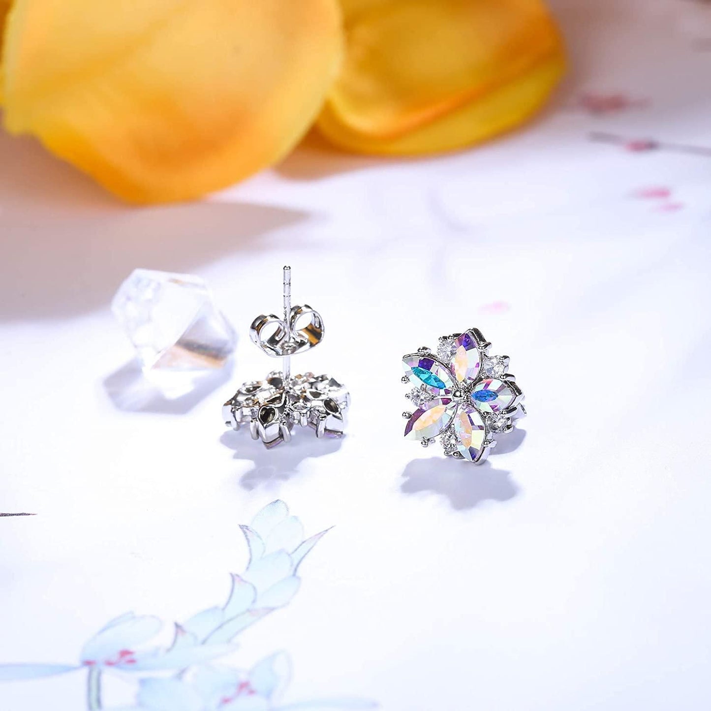 18k White Gold Cherry Blossom Flower Stud Earrings for Women 12mm Austria Aurora Crystals Sakura Earrings Birthday Anniversary Jewelry