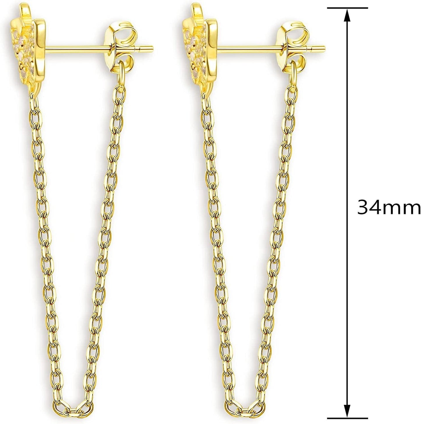 925 Sterling Silver Butterfly Chain Stud Earrings for Women 14K Gold Plated Drop Chain Dangle Earrings Hypoallergenic Jewelry