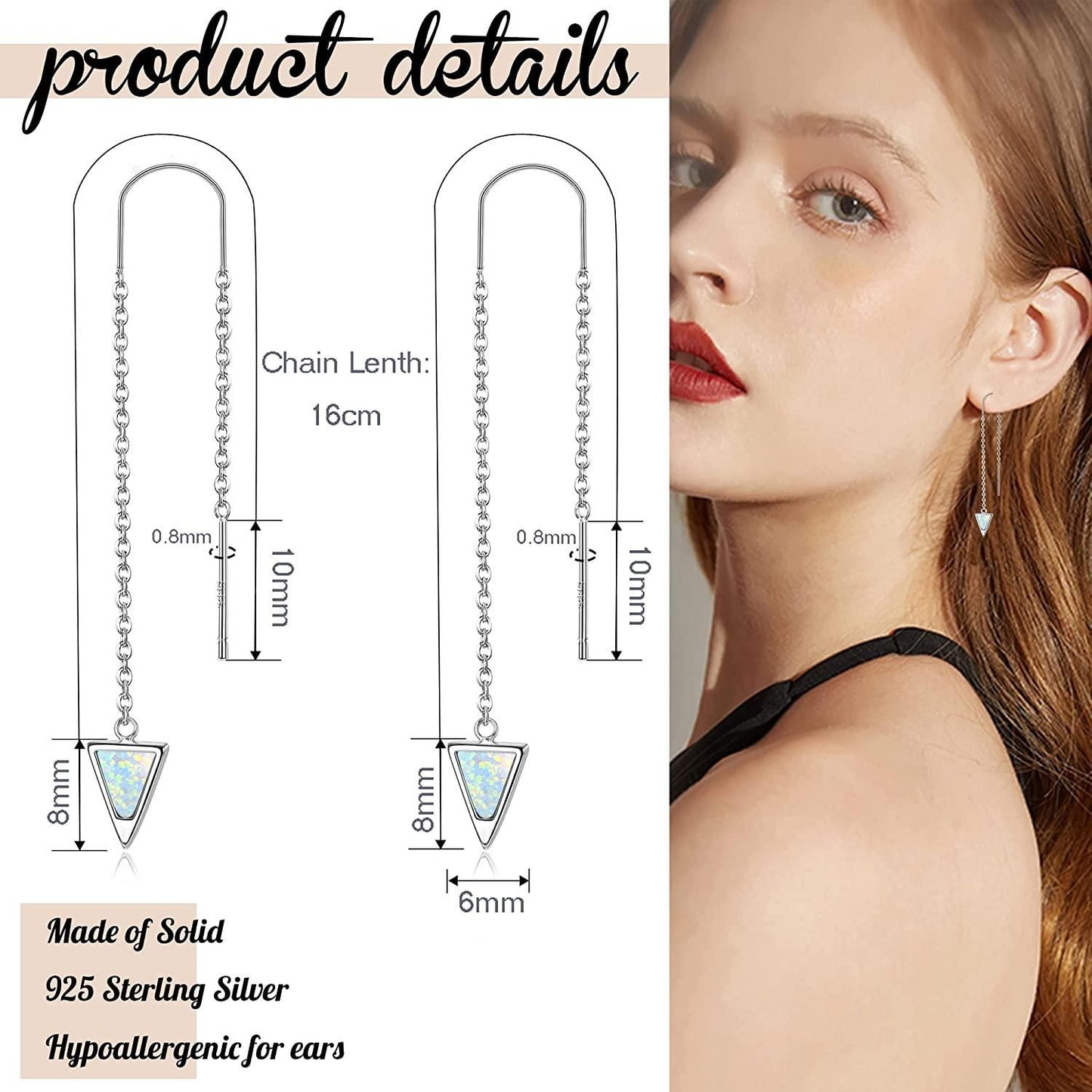 925 Sterling Silver Opal Threader Earrings Long Chain Drop Ear Line Moon Star Geometry Wrap Dangle Threader Chain Earrings Lightweight Minimalist for Women