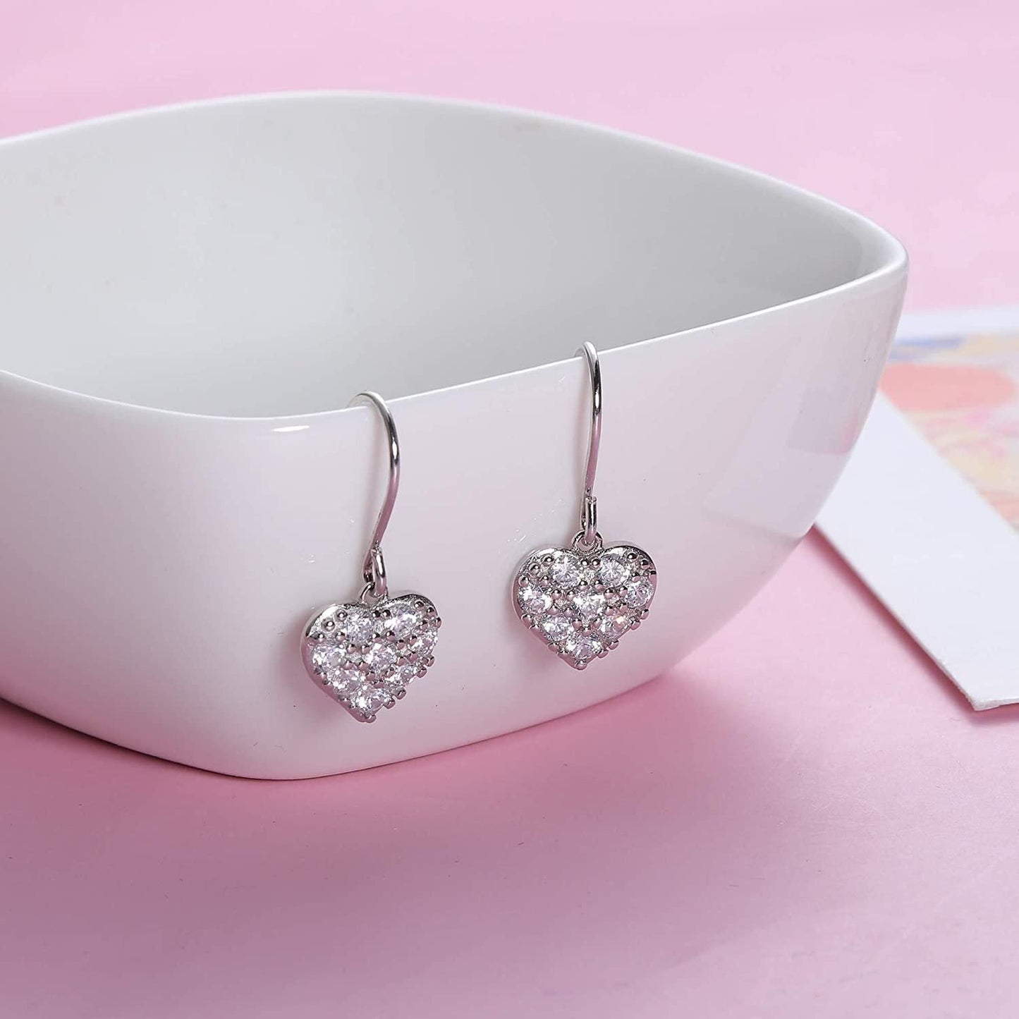 Heart Dangle Earrings 925 Sterling Silver White Gold Plated Hypoallergenic CZ Love Heart Drop Earrings for Women Birthday Gift