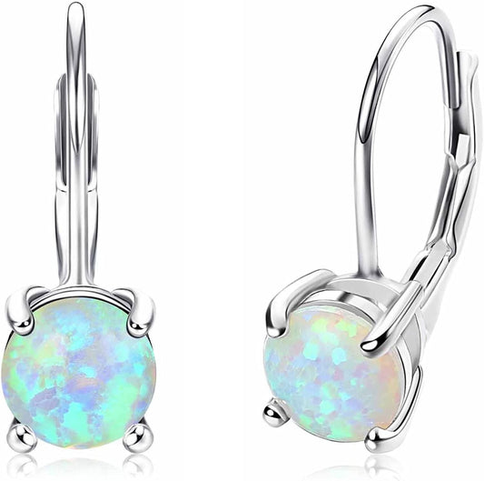 925 Sterling Silver Opal Leverback Earrings for Women White Gold Plated Round CZ Leverback Dangle Hoop Earrings Wedding Bridal Drop Dangle Earrings