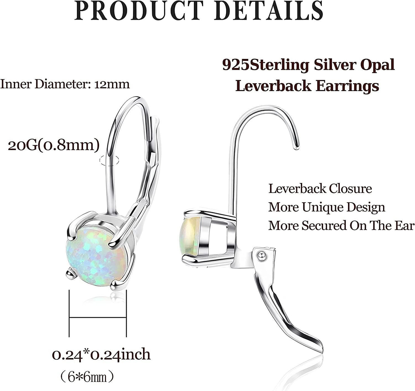 925 Sterling Silver Opal Leverback Earrings for Women White Gold Plated Round CZ Leverback Dangle Hoop Earrings Wedding Bridal Drop Dangle Earrings