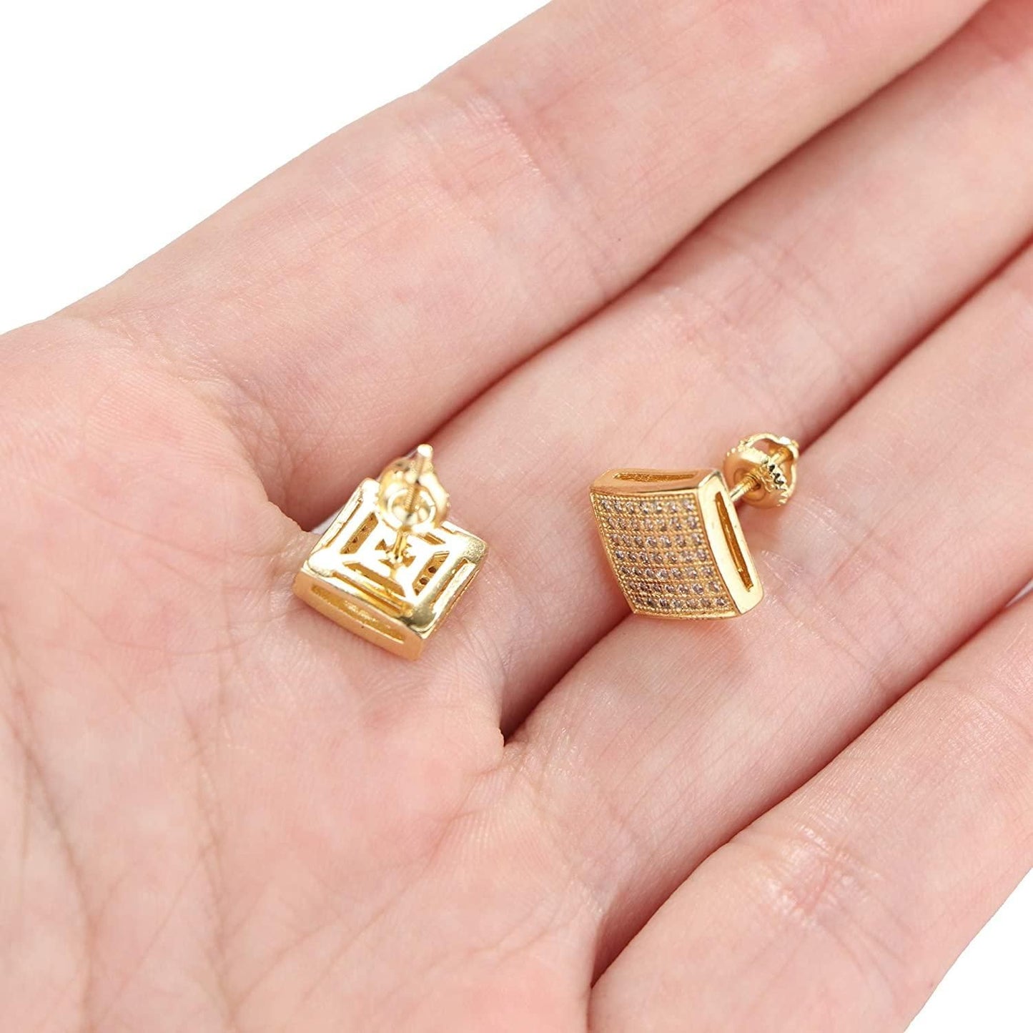 14K Gold Plated Iced Out Large Square Stud Earrings with 925 Sterling Silver Screw Back for Men Women Cubic Zirconia Hip Hop Jewelry