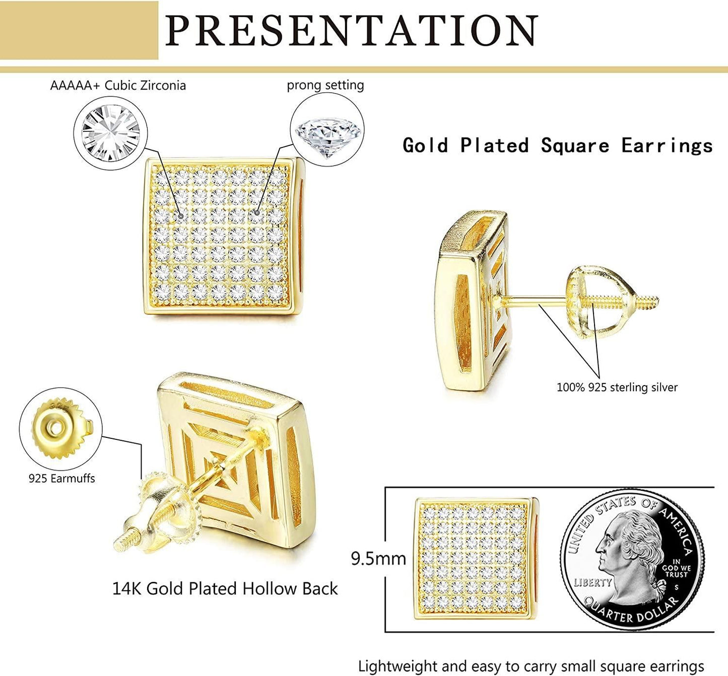 14K Gold Plated Iced Out Large Square Stud Earrings with 925 Sterling Silver Screw Back for Men Women Cubic Zirconia Hip Hop Jewelry