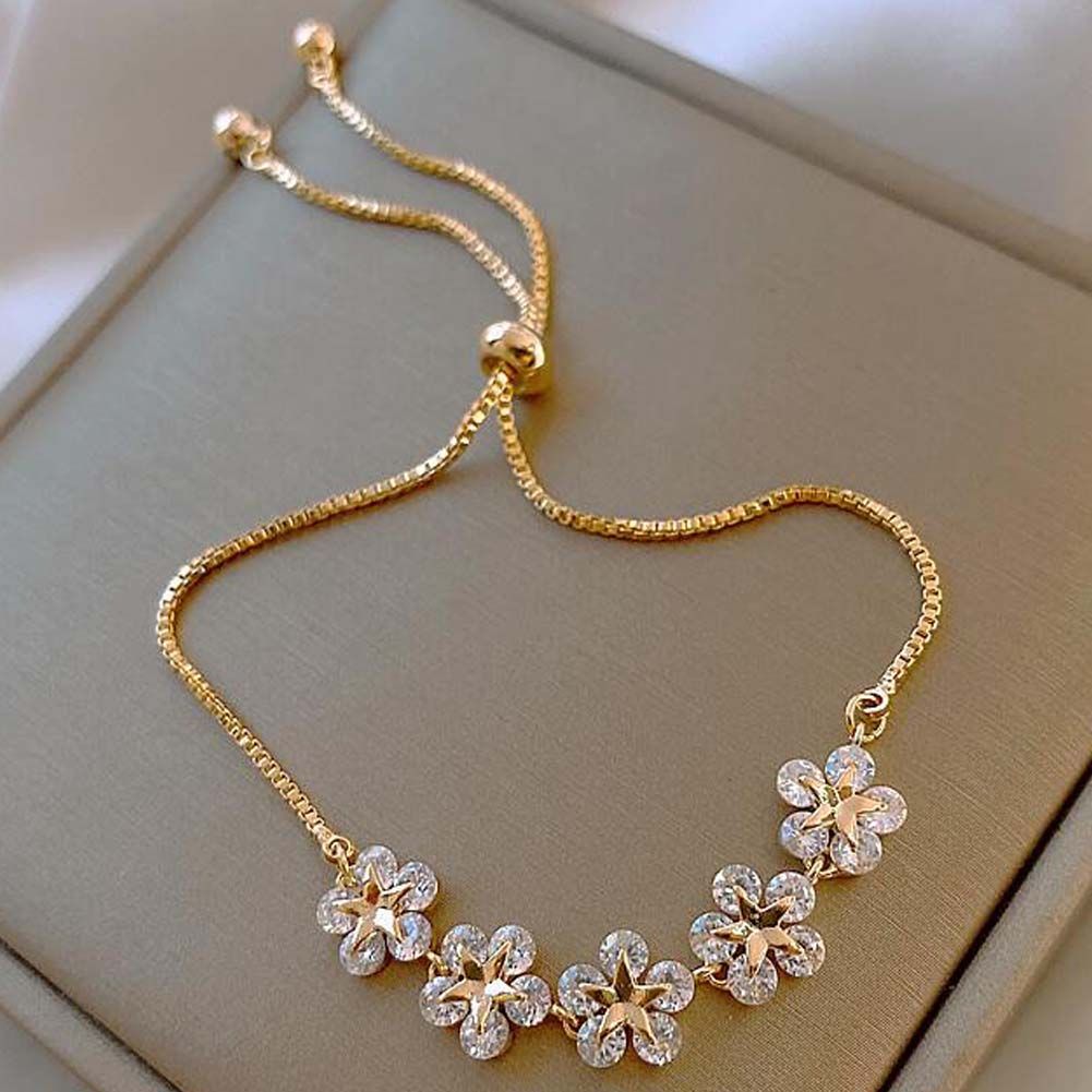 Rhinestone Flower Gold Color Chain Bracelet Charm Bracelet Link Bracelet for Women