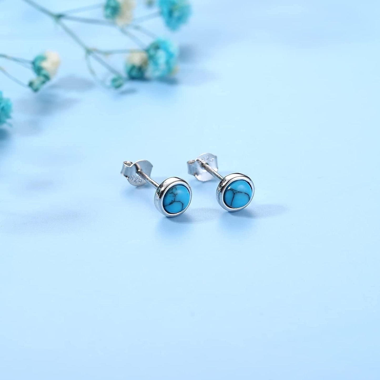 925 Sterling Silver Stud Earrings for Women Moonstone Opal Turquoise Black Earrings for Sensitive Ear Round Gemstone Stud Gifts Christmas Valentine's Day