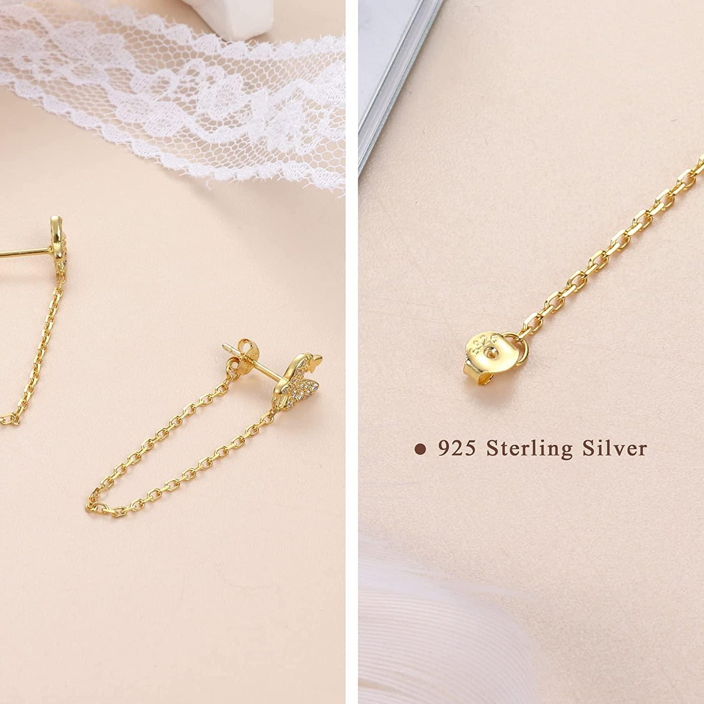 925 Sterling Silver Butterfly Chain Stud Earrings for Women 14K Gold Plated Drop Chain Dangle Earrings Hypoallergenic Jewelry