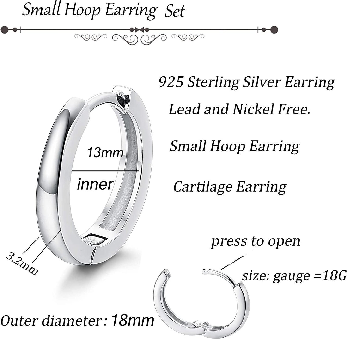 925 Sterling Silver Hoop Earrings for Women Men Ear Cuff Small Huggie Earrings Cartilage Piercing Earrings 13mm