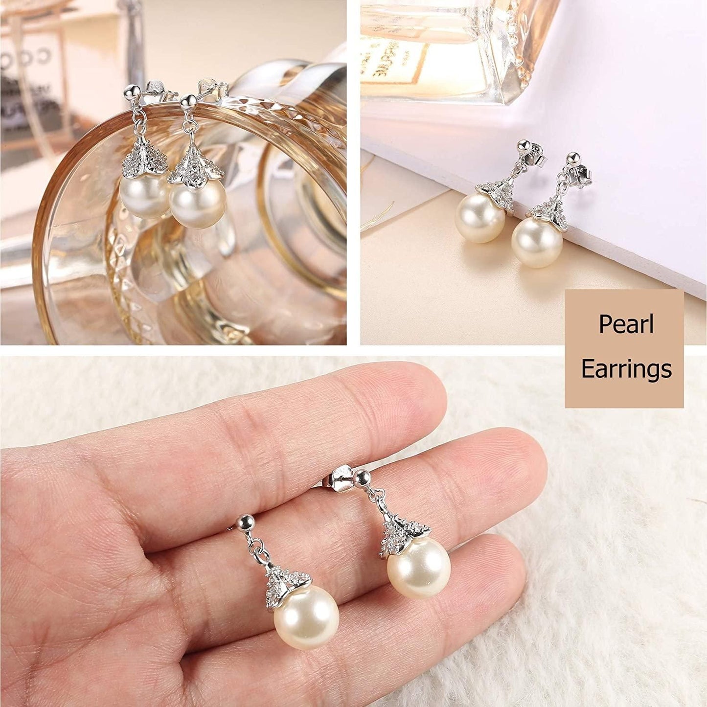 925 Sterling Silver Pearl Earrings for Women Cubic Zirconia Flower Ball Stud Earrings Round White Pearl Drop Earrings Dainty Wedding Christmas Gift