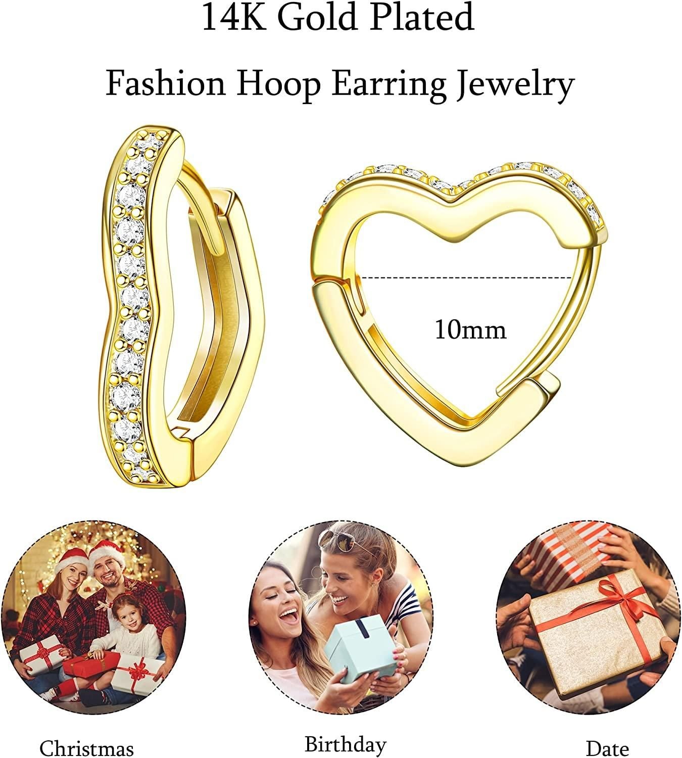 Small Hoop Earrings for Women 14K Gold Plated Cubic Zirconia Huggie Earrings Pierced Cartlidge Tiny Dainty Cuff Earrings Heart Round Hoop Huggie Earring Jewelry