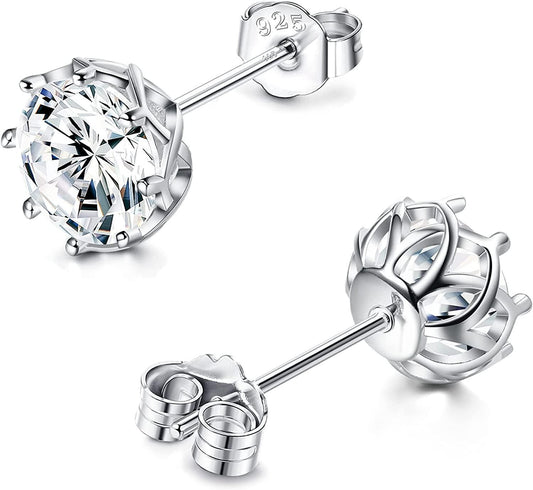 925 Sterling Silver Cubic Zirconia Stud Earrings For Women Men Lotus Flower Shaped Prong 5A CZ Stud Earrings White Gold Plated Stud Earrings 7.5mm