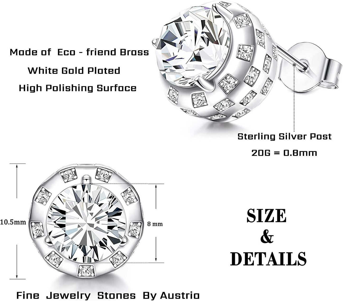 Round Halo Stud Earrings CZ Stud Earrings White Gold Plating Cubic Zirconia Stud Earrings For Men Women Jewelry Gift