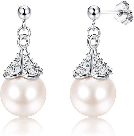 925 Sterling Silver Pearl Earrings for Women Cubic Zirconia Flower Ball Stud Earrings Round White Pearl Drop Earrings Dainty Wedding Christmas Gift