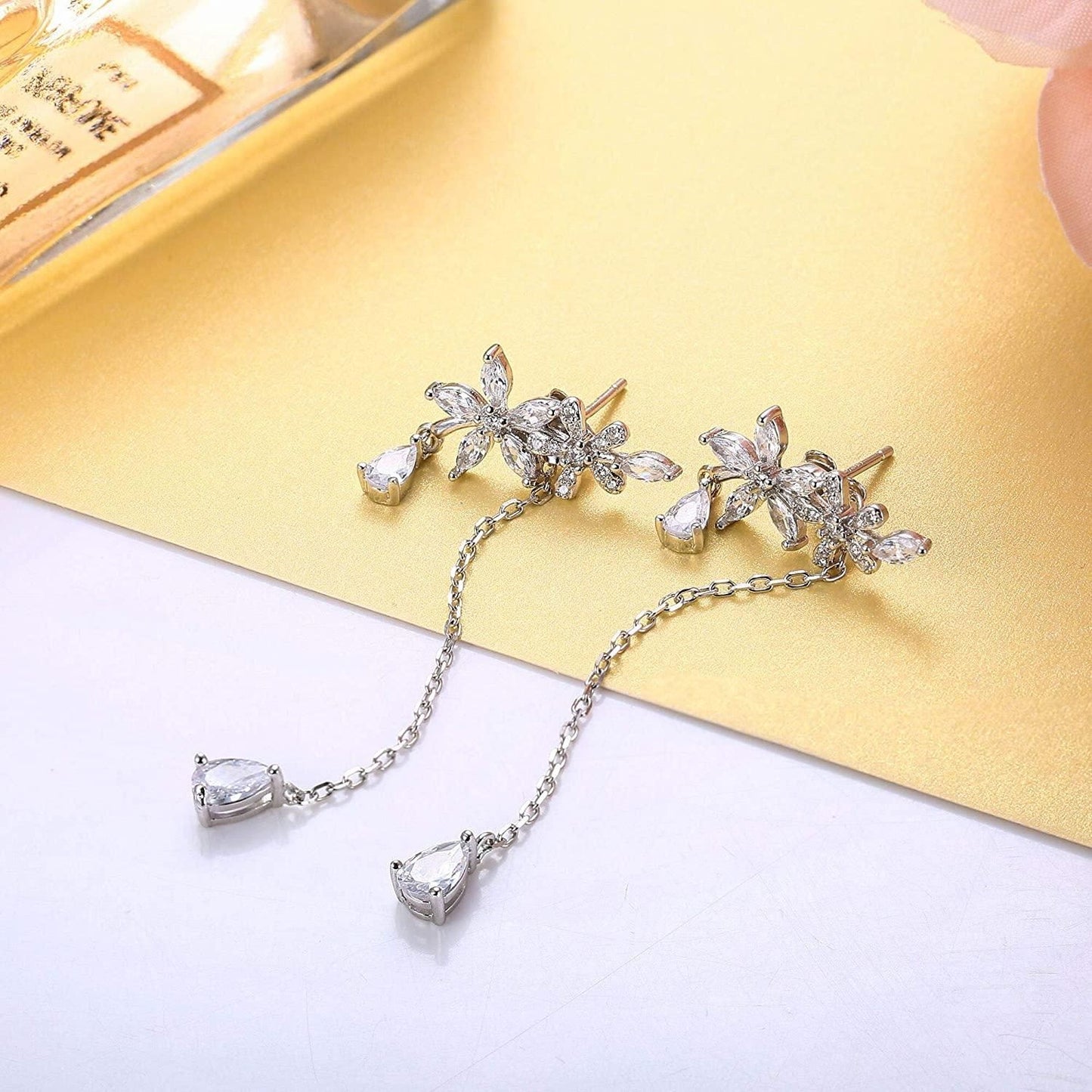 925 Sterling Silver Dangling Earrings for Women CZ Flower Cuff Ear Crawler Earrings Kpop Earrings