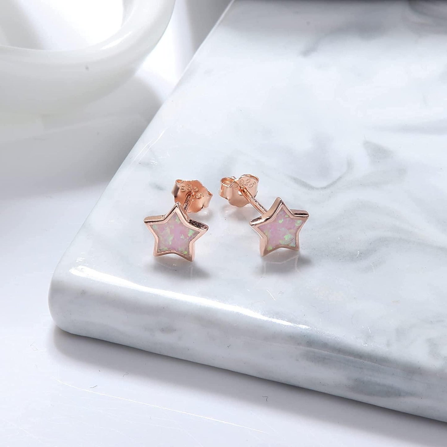 925 Sterling Silver Opal Earrings for Women 18K Gold Plated Minimalist Created Blue Pink White Fire Opal Moon Star Stud Earrings