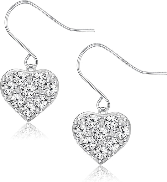 Heart Dangle Earrings 925 Sterling Silver White Gold Plated Hypoallergenic CZ Love Heart Drop Earrings for Women Birthday Gift