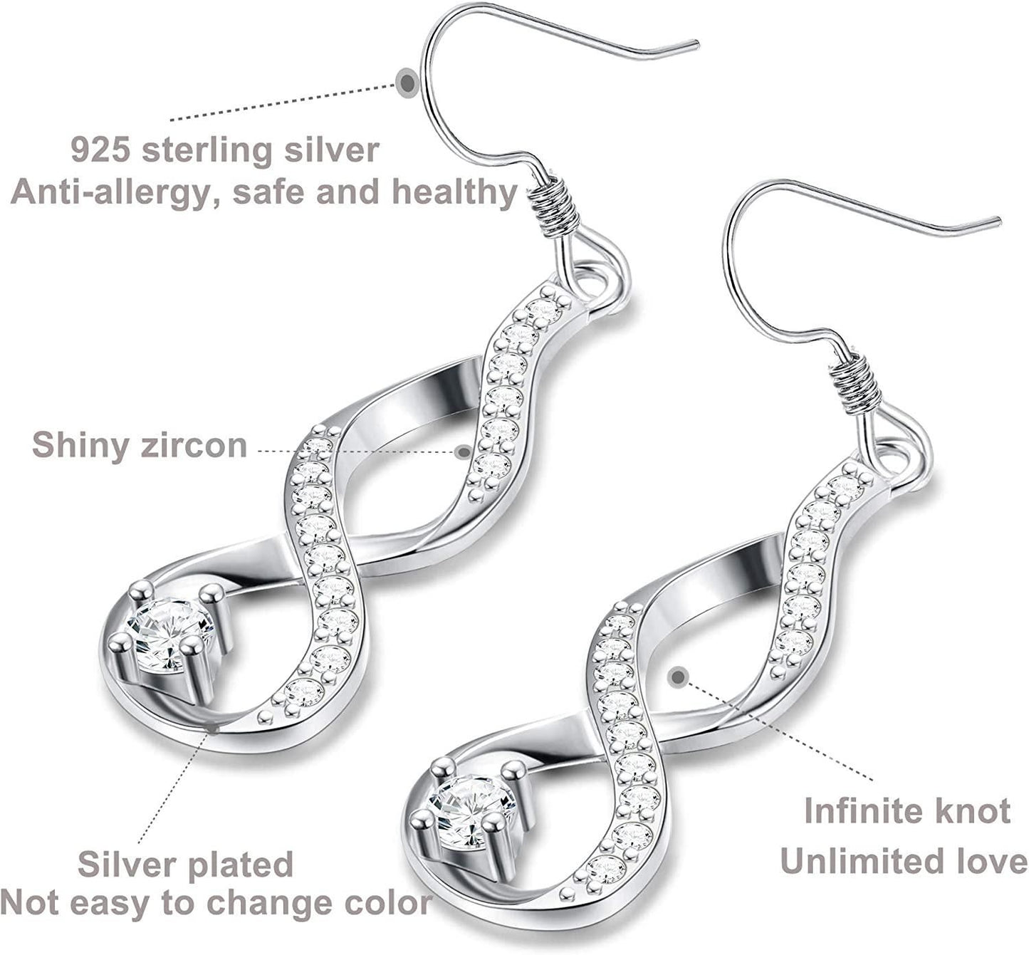 925 Silver Infinity Knot Earrings for Womens Girls Cubic Zirconia Cute Drop Earrings CZ Mother's Day Gift