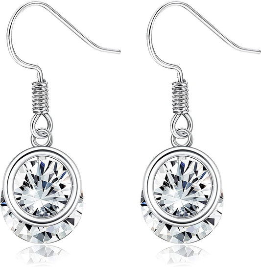 Sterling Silver Minimalist CZ Dangle Earrings For Women White Gold Plated Round Cut 3.0ct Cubic Zirconia Jewelry Dainty Small Drop Dangle Earrings