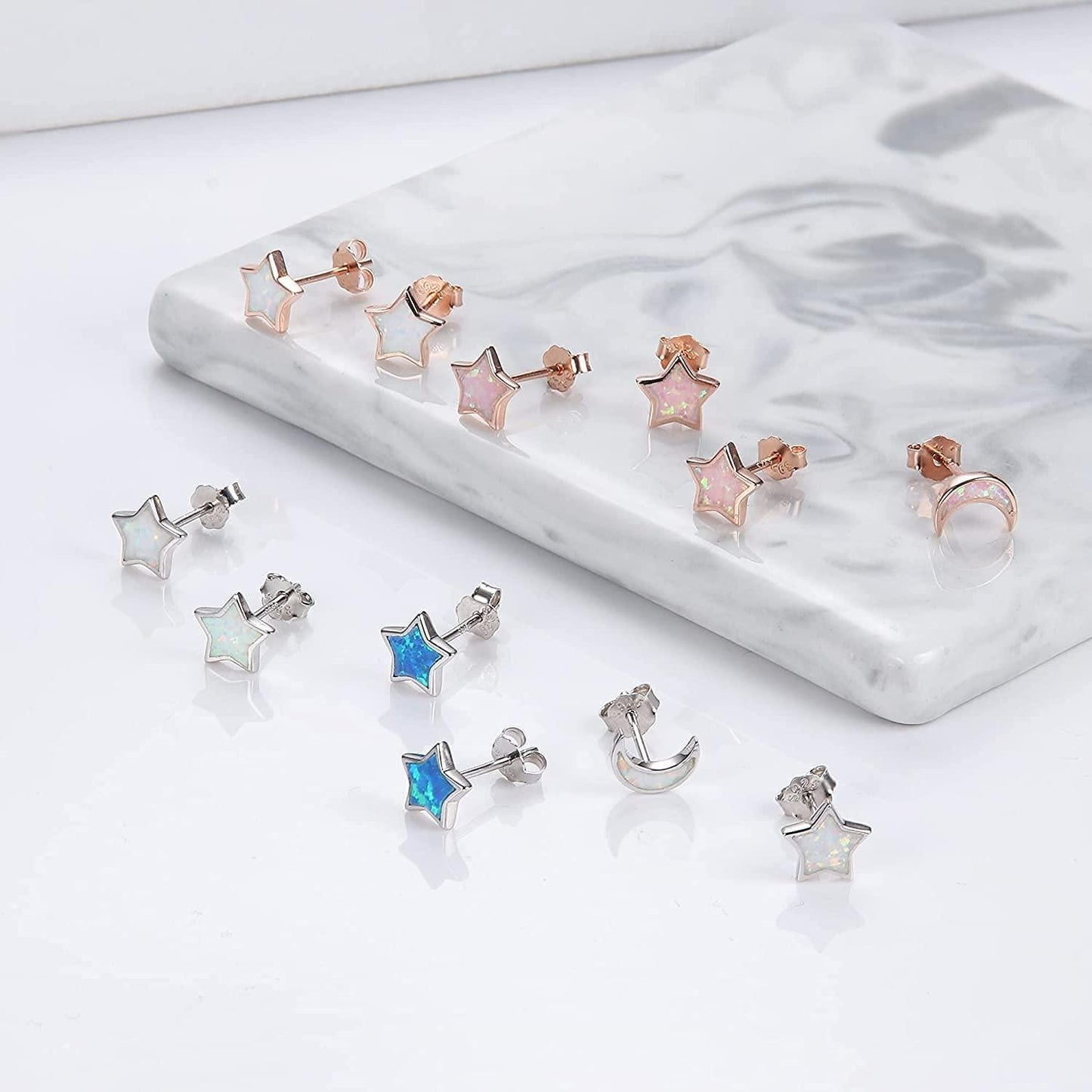 925 Sterling Silver Opal Earrings for Women 18K Gold Plated Minimalist Created Blue Pink White Fire Opal Moon Star Stud Earrings