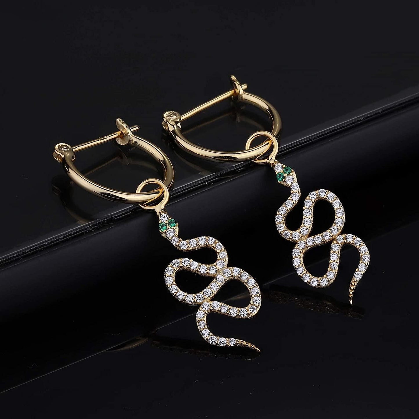 925 Sterling Snake Dangle Earrings Click-Top Small Hoops Cuff w/Detachable 14K Gold Plated Cubic Zirconia Dangle Snake Earrings for Women