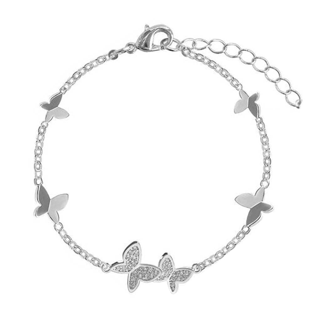 Womens Silver Color Chain Bracelet Butterfly Rhinestone Charm Bracelet Link Bracelet