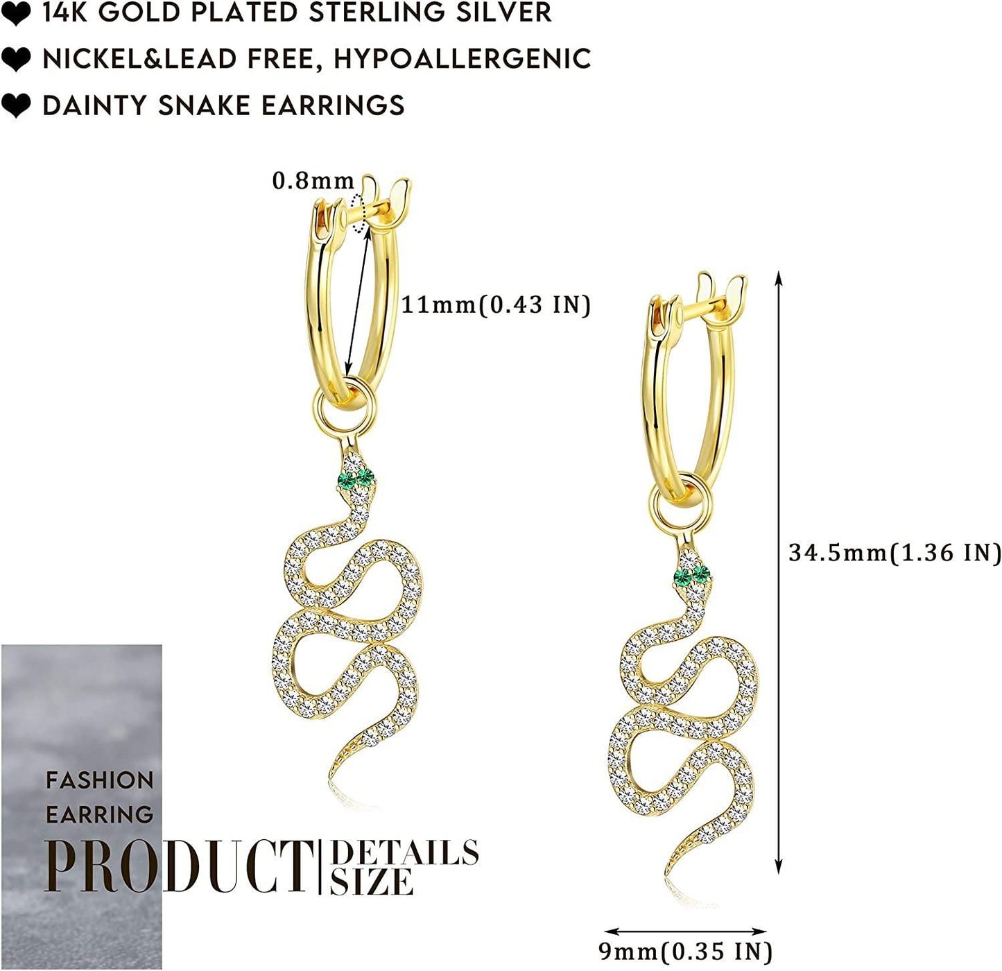 925 Sterling Snake Dangle Earrings Click-Top Small Hoops Cuff w/Detachable 14K Gold Plated Cubic Zirconia Dangle Snake Earrings for Women