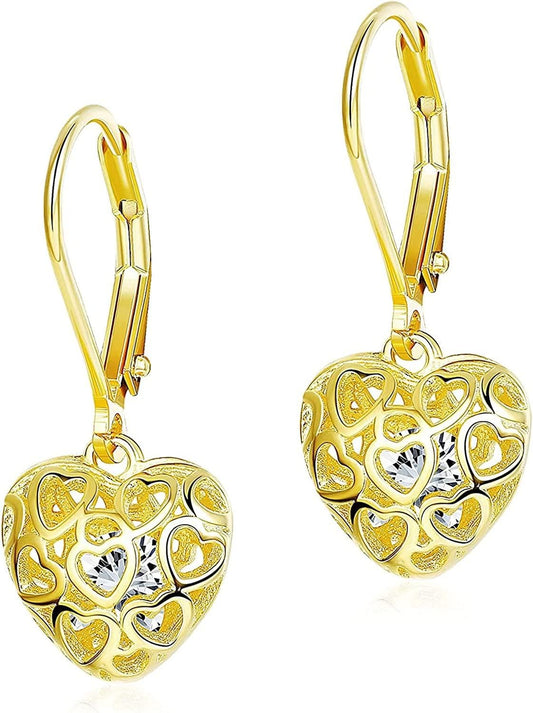 925 Sterling Silver Filigree Heart Earrings 18K Gold Plated Dangle Heart Earrings with Cubic Zirconia Leverback Heart Drop Earrings for Women