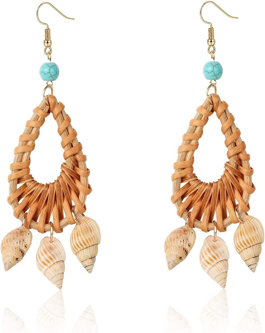 Rattan Shell Dangle Earrings For Women Lightweight Bohemia Straw Wicker Braid Woven Conch Turquoise Teardrop Statement Earring Set Handmade Summer Holiday Vacation Jewelry