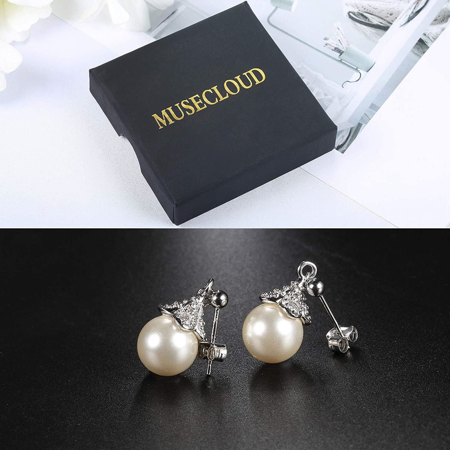 925 Sterling Silver Pearl Earrings for Women Cubic Zirconia Flower Ball Stud Earrings Round White Pearl Drop Earrings Dainty Wedding Christmas Gift