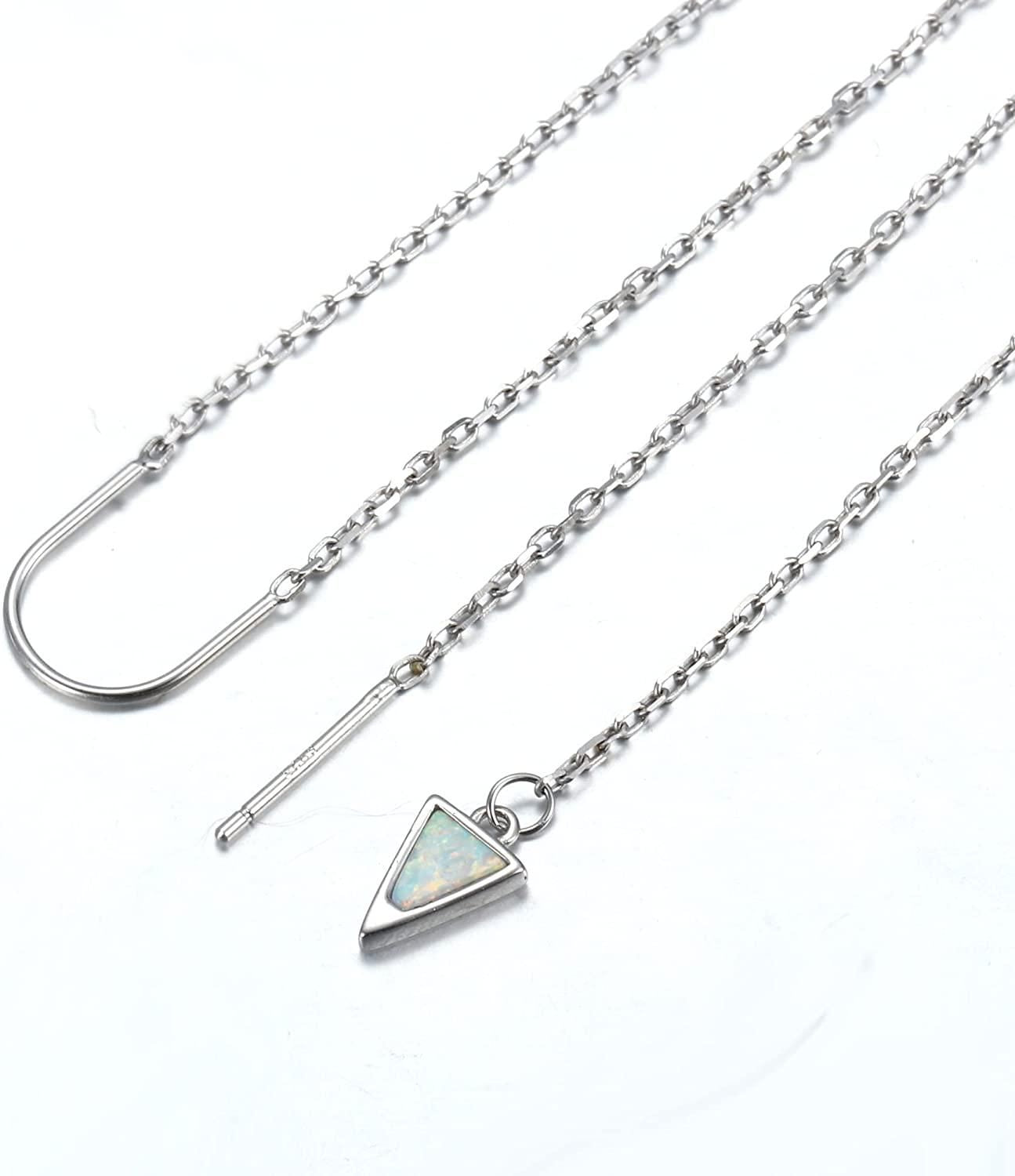 925 Sterling Silver Opal Threader Earrings Long Chain Drop Ear Line Moon Star Geometry Wrap Dangle Threader Chain Earrings Lightweight Minimalist for Women