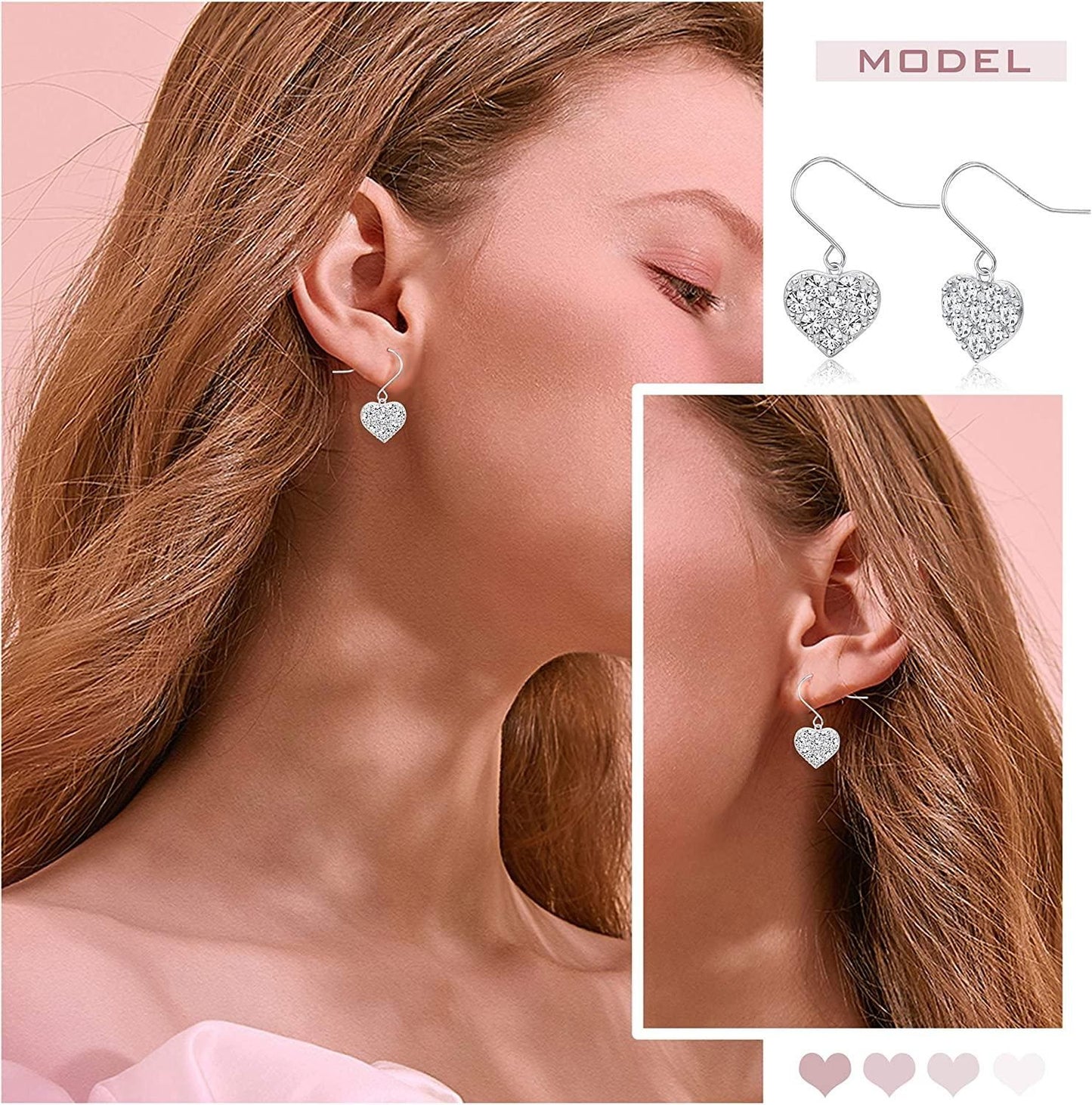 Heart Dangle Earrings 925 Sterling Silver White Gold Plated Hypoallergenic CZ Love Heart Drop Earrings for Women Birthday Gift