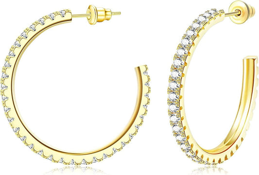 18K Gold Plated Half Hoop Earrings for Women Cubic Zirconia Medium Hoops Lightweight Hoop Earrings Open Large Hoop Earrings