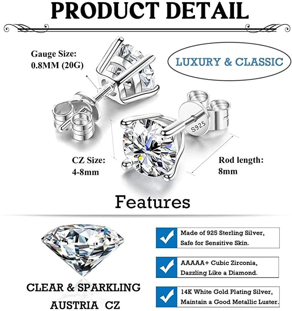 Sterling Silver Cubic Zirconia Stud Earrings for Women Men 14k White Gold Plated Round CZ Earrings for Sensitive Ear