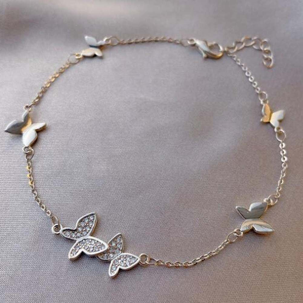 Womens Silver Color Chain Bracelet Butterfly Rhinestone Charm Bracelet Link Bracelet